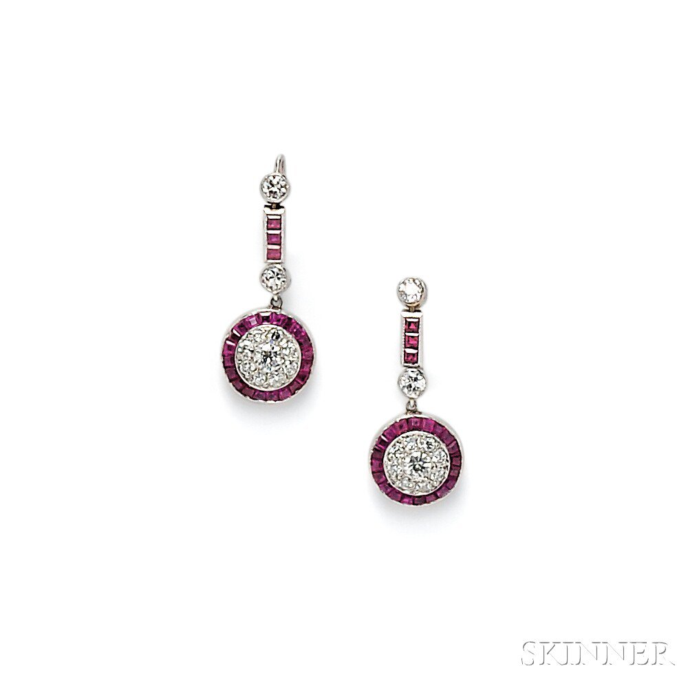 Appraisal: Platinum Ruby and Diamond Earpendants each designed as a diamond