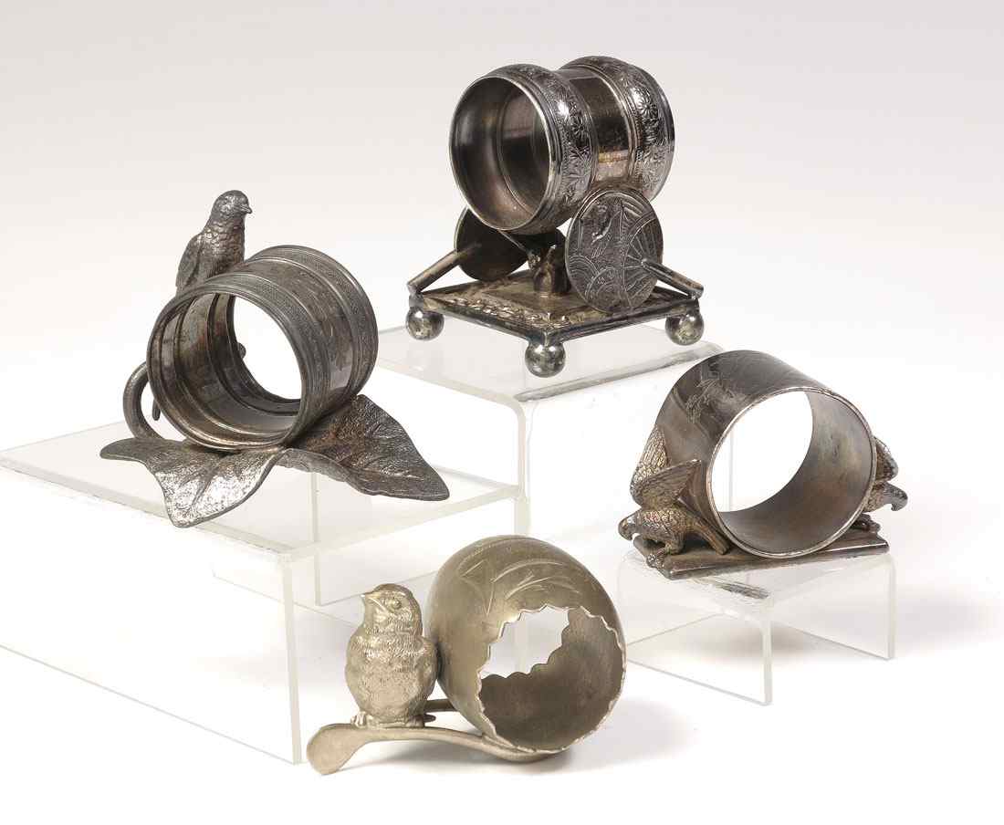 Appraisal: FIGURAL BIRDS SILVERPLATE NAPKIN RINGS total pieces to include Meriden