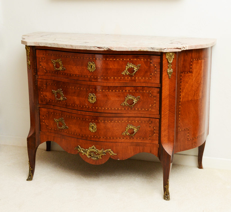 Appraisal: FRENCH LOUIS XV STYLE DRAWER ORMOLU MOUNTED COMMODE Inlaid drawer