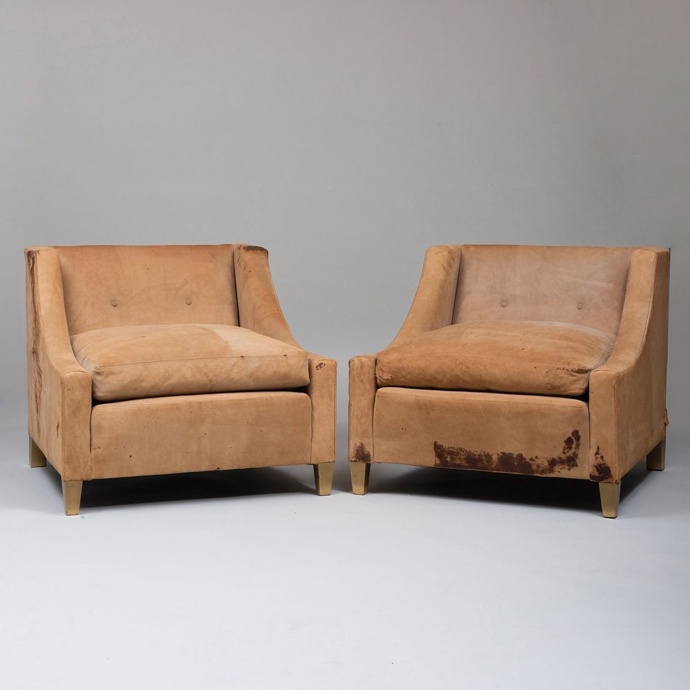 Appraisal: George Ciancimino Suede Club Chairs x x in Condition Wear