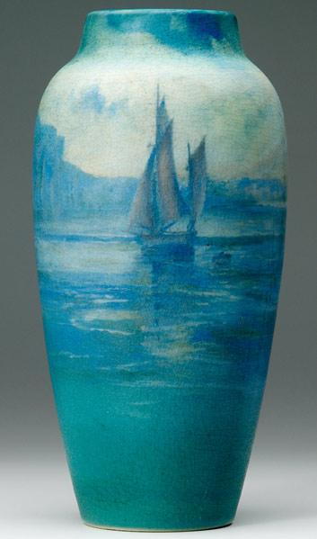 Appraisal: ROOKWOOD Unusual Scenic Vellum ovoid vase painted by Fred Rothenbusch