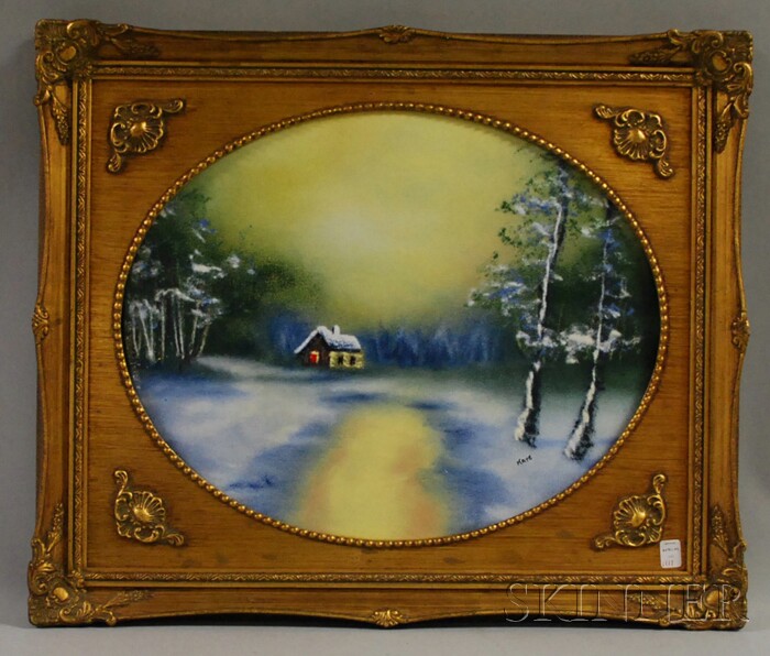 Appraisal: Framed Enamel Plaque Depicting a Cottage in a Landscape signed