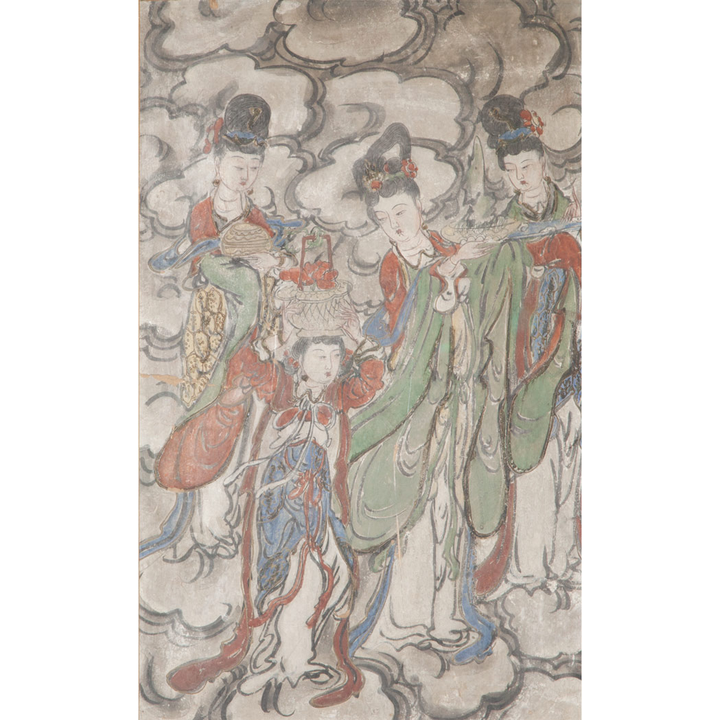 Appraisal: Chinese Polychrome Painted Stucco Panel Depicting court women Image x