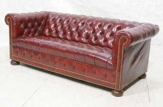 Appraisal: Burgundy Tufted Chesterfield Sofa Couch Deep bac Burgundy Tufted Chesterfield