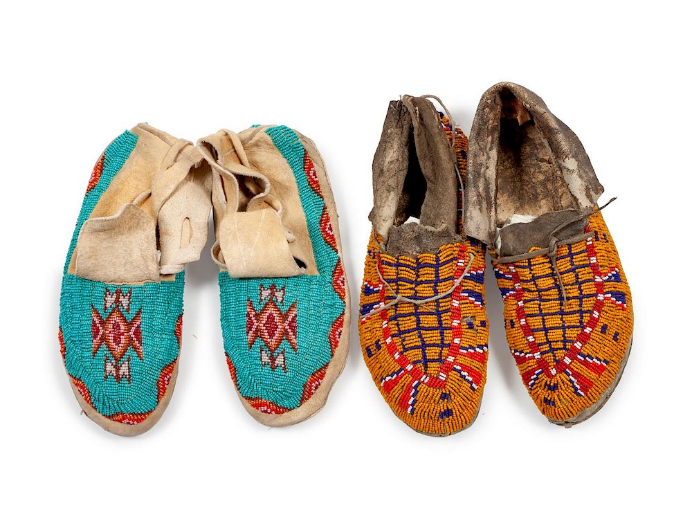 Appraisal: Two Pairs of Northern Plains Beaded Hide Moccasins lengths and