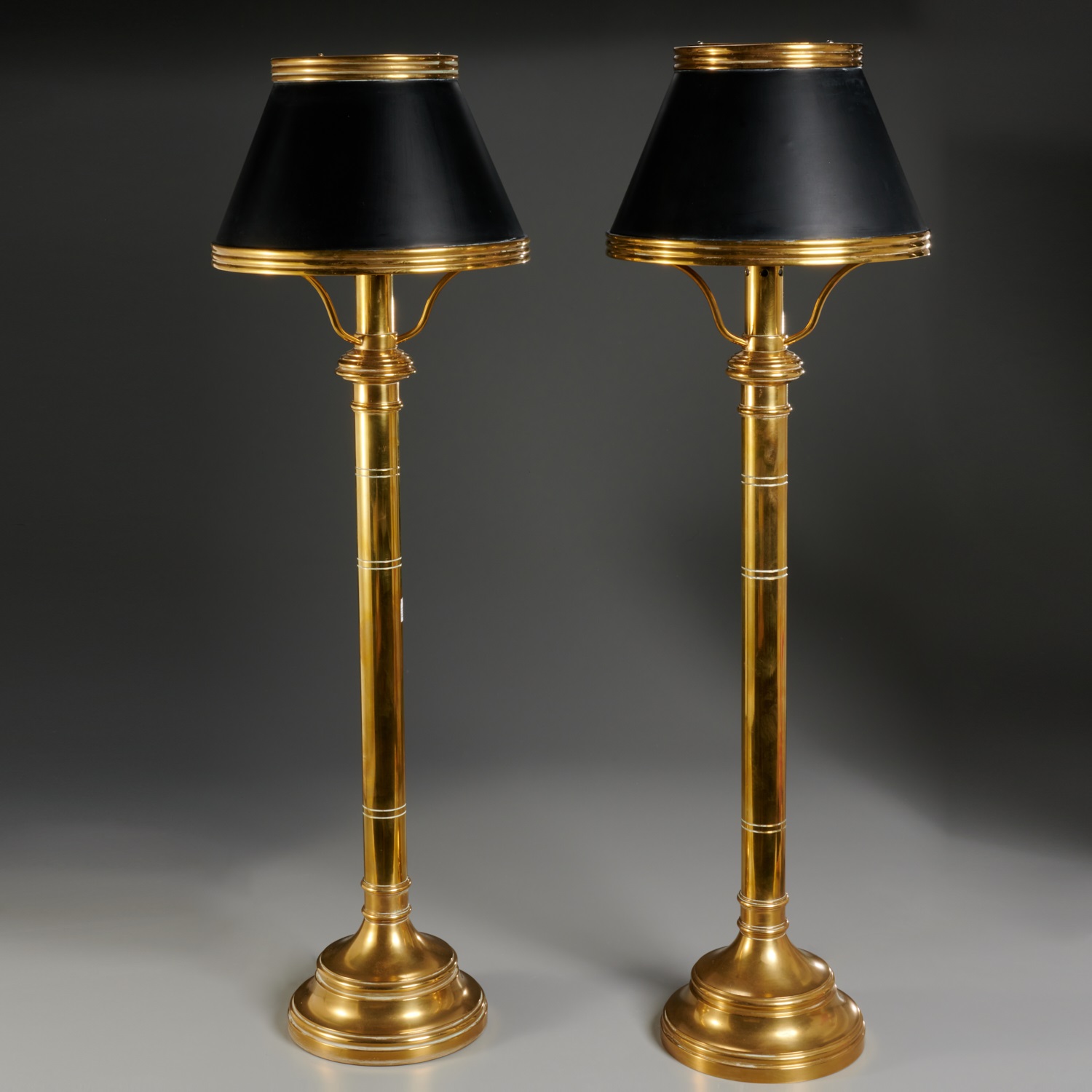 Appraisal: CHAPMAN ATTRIB PAIR TALL BRASS LAMPS c s brass with