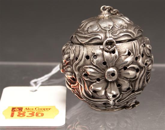 Appraisal: American repousse silver tea ball late th century with no