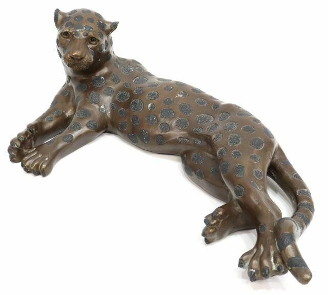 Appraisal: Patinated bronze wildlife sculpture Reclining Leopard some spotting to patination