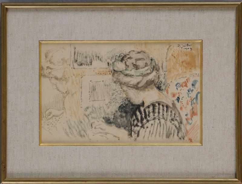 Appraisal: ATTRIBUTED TO GEORGES LEMMEN WOMAN KNITTING Watercolor and wash on