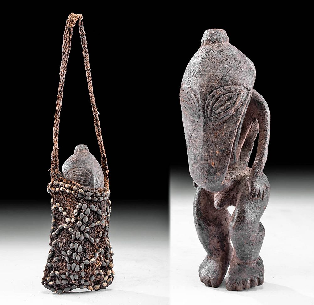 Appraisal: th C Papua New Guinea Wood Figure w Fiber Pouch