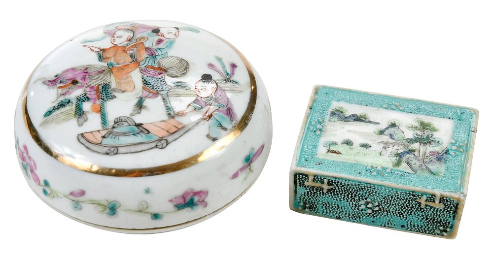 Appraisal: Two Chinese Porcelain Objects paperweight enamel decorated landscape scene -