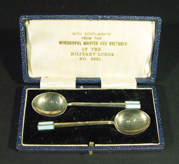 Appraisal: Pair of Masonic silver presentation spoons with blue enamel decoration