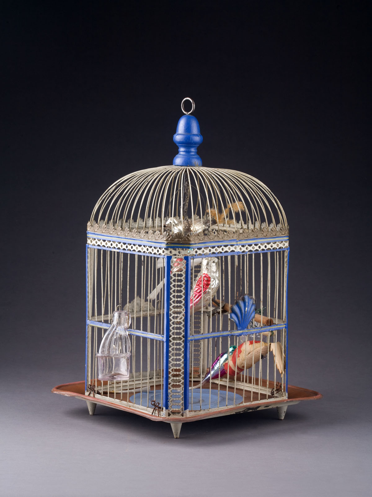 Appraisal: EARLY AMERICAN TIN PAINTED AND DECORATED BIRDCAGE WITH BLOWN GLASS