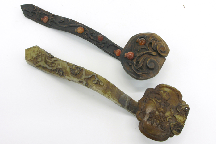 Appraisal: TWO CHINESE CARVED SCEPTERS one having six fruit-form carnelians c