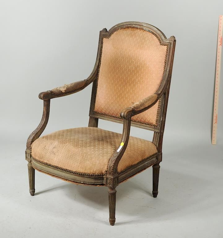 Appraisal: Louis XVI Style Carved Fauteuil Armchair Louis XVI style carved