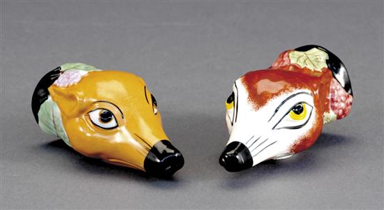 Appraisal: Staffordshire fox-head shape stirrup cups first half th centuryvulpine painted