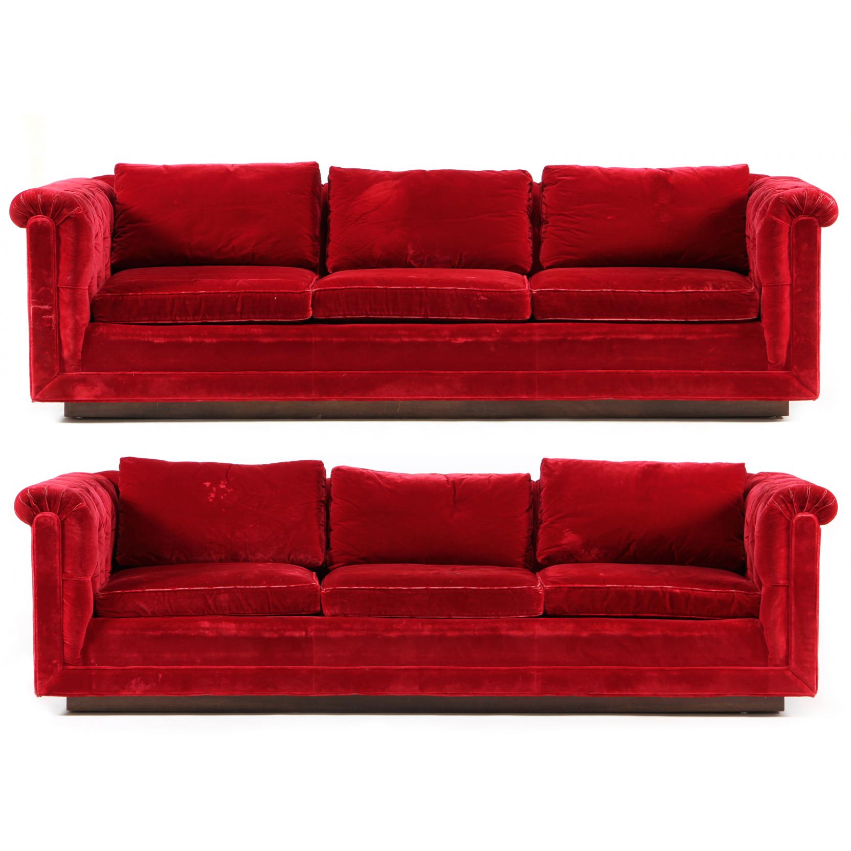 Appraisal: Pair of Modernist Red Velvet Chesterfield Sofas circa s red