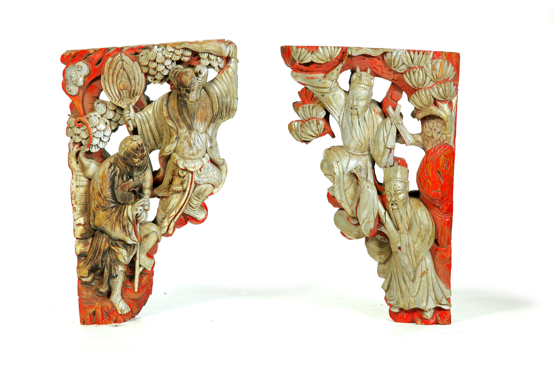 Appraisal: TWO CARVED CHINESE ARCHITECTURAL BRACKETS Late th century hardwood Figural