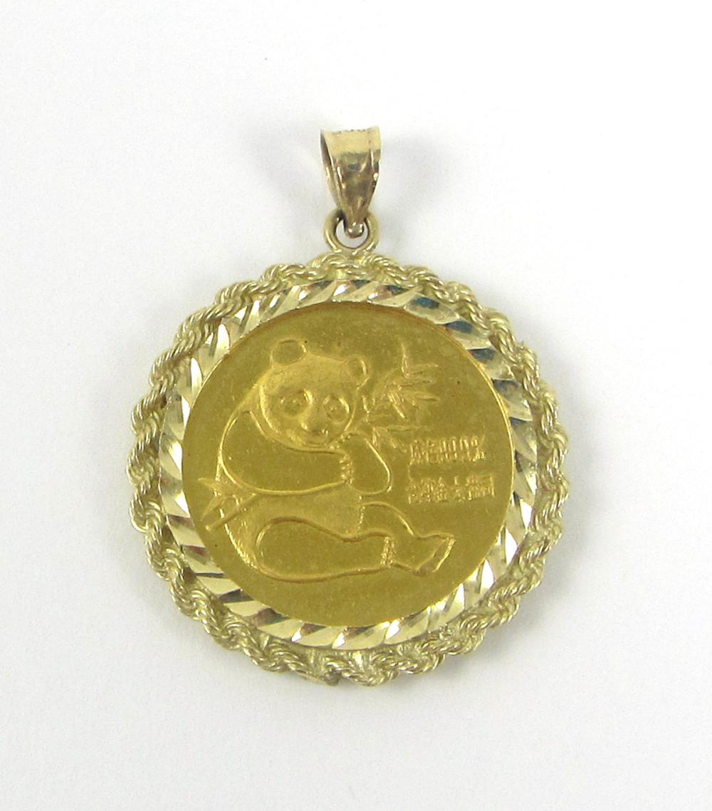 Appraisal: CHINESE PANDA GOLD COIN PENDANT featuring a oz gold coin