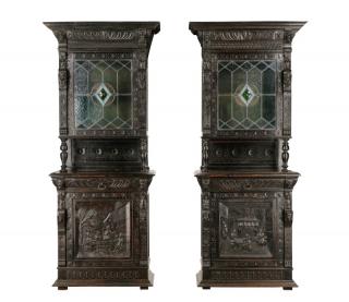 Appraisal: Pair Carved Belgian Renaissance Revival Cabinets Continental likely Belgian early