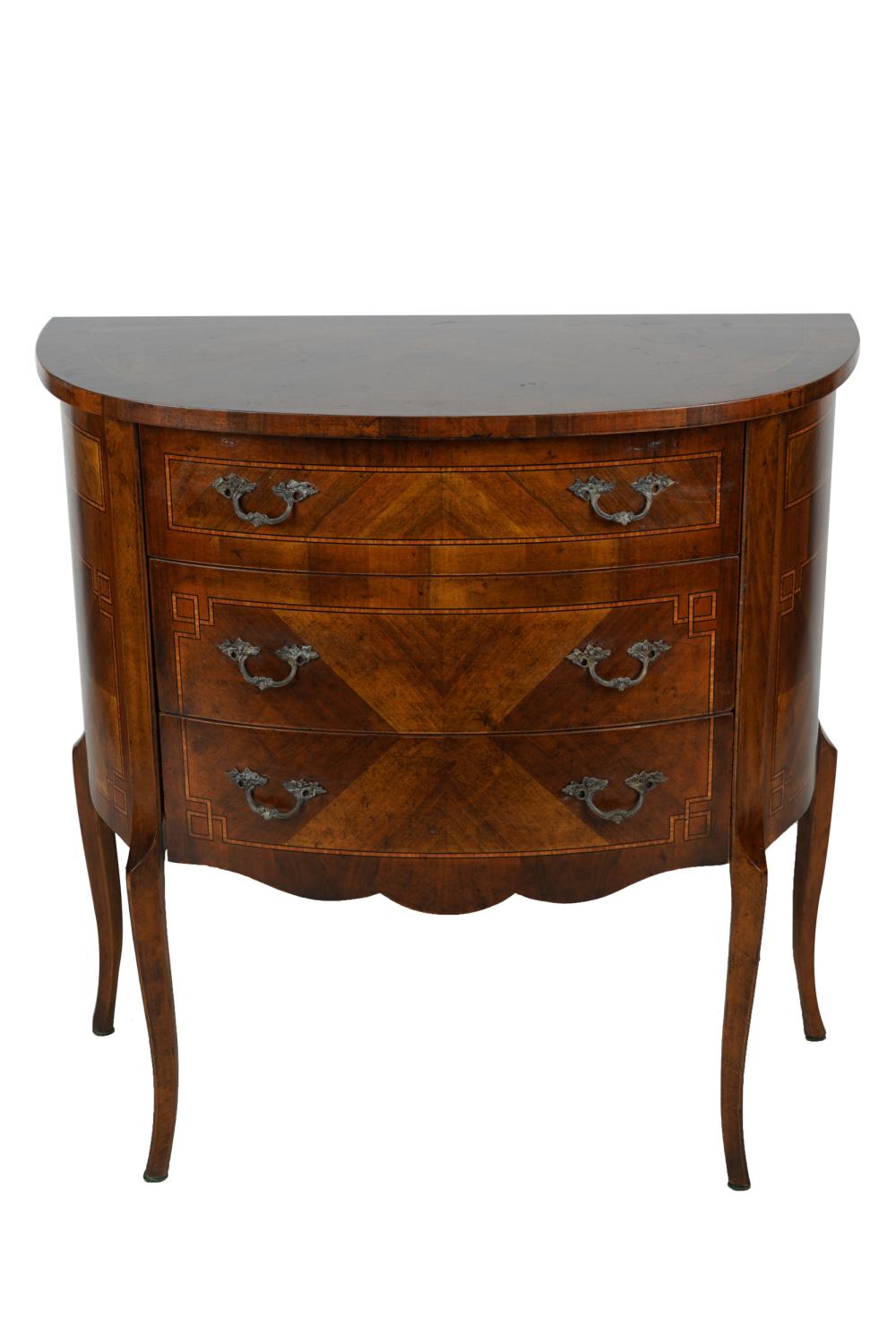 Appraisal: MAHOGANY DEMILUNE COMMODEwith three drawers inches wide inches deep inches