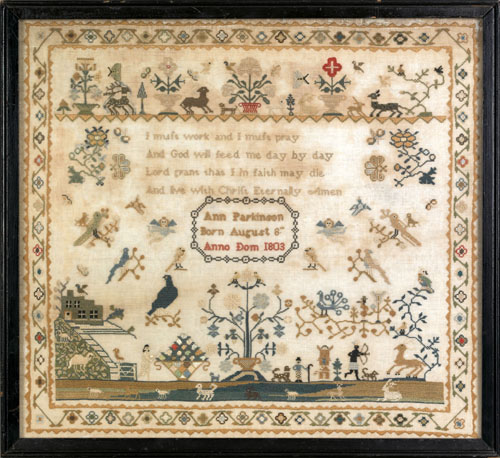 Appraisal: English silk on linen sampler wrought by Ann Parkinson b