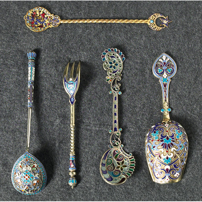 Appraisal: Russian spoons and fork five pieces filigreed and enameled some