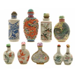 Appraisal: Eight Porcelain Snuff Bottles th Century cm Eight Porcelain Snuff