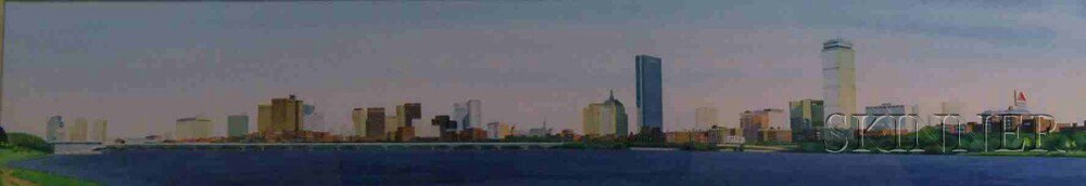 Appraisal: Framed Watercolor Panoramic View of Boston Along the Charles River