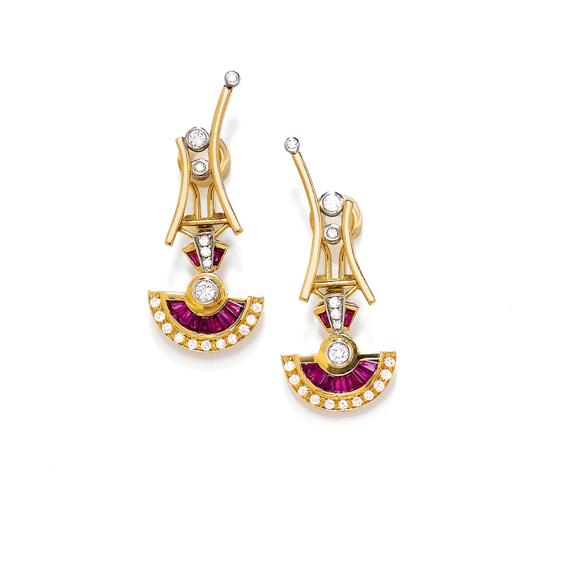 Appraisal: GARNET AND DIAMOND EAR PENDANTS Yellow and white gold Decorative