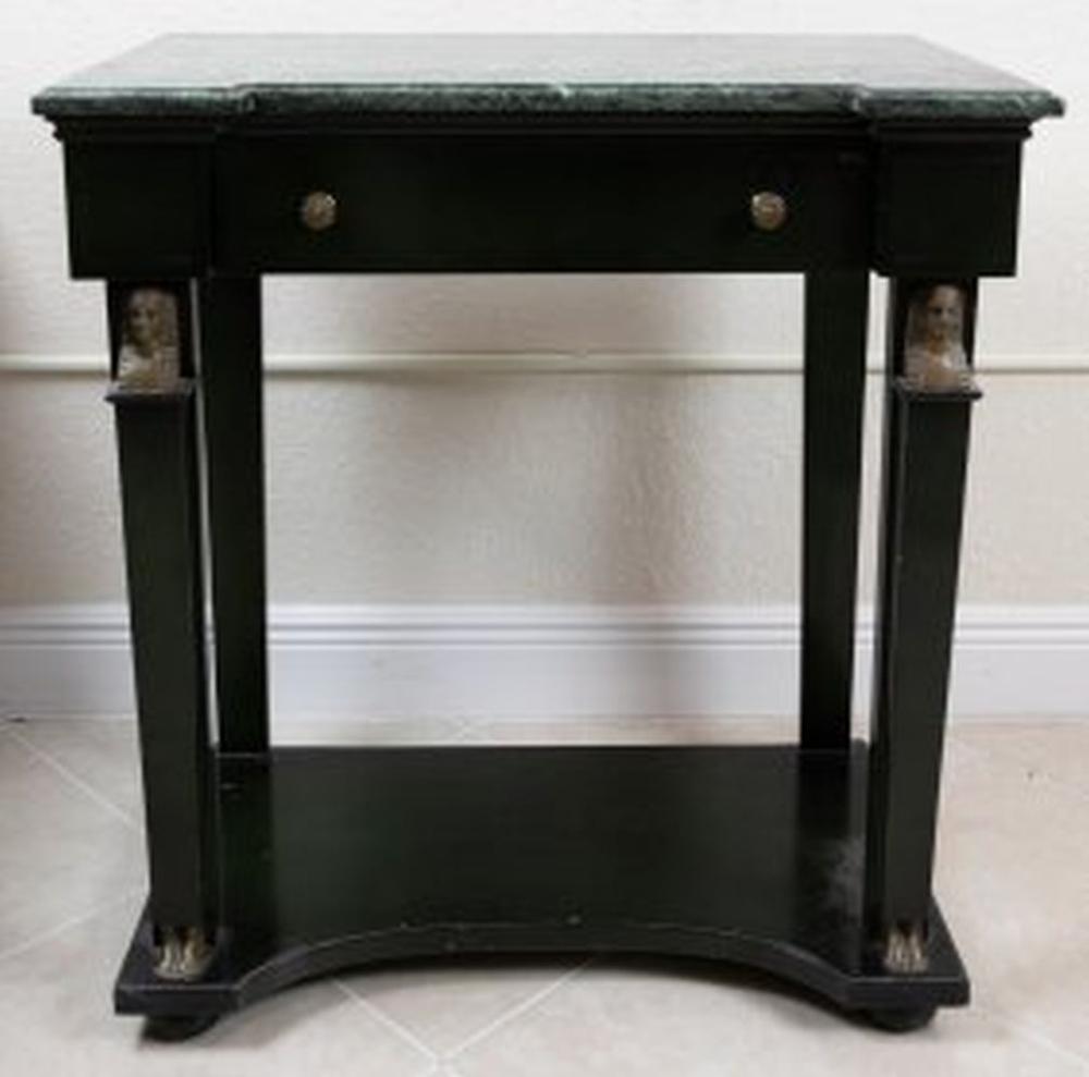 Appraisal: EMPIRE STYLE MARBLE TOP EBONIZED CONSOLEModern The verde antico top