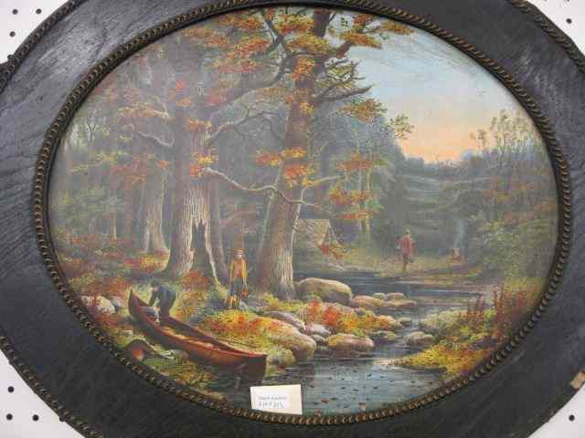 Appraisal: Victorian Lithograph campers with canoe in autumn oval image ''