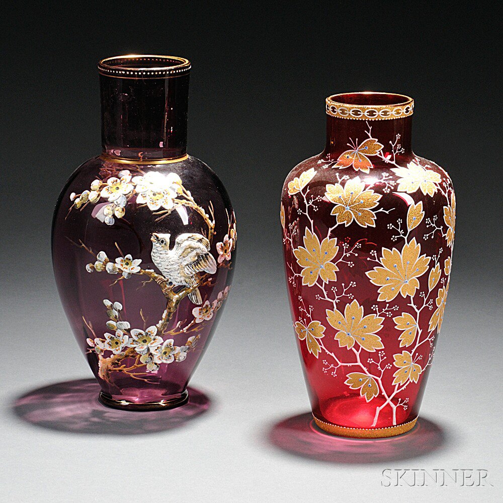 Appraisal: Two Moser-type Gilded and Enameled Glass Vases Bohemia late th