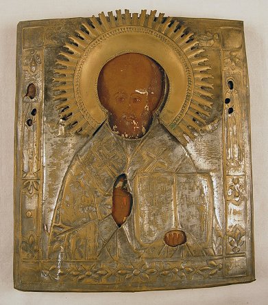 Appraisal: RELIGIOUS ICON of St NICHOLAS THE MIRACLE WORKER Silvered Brass