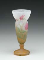 Appraisal: DAUM CAMEO ENAMEL VASE Sweet pea decorated footed vase Cranberry