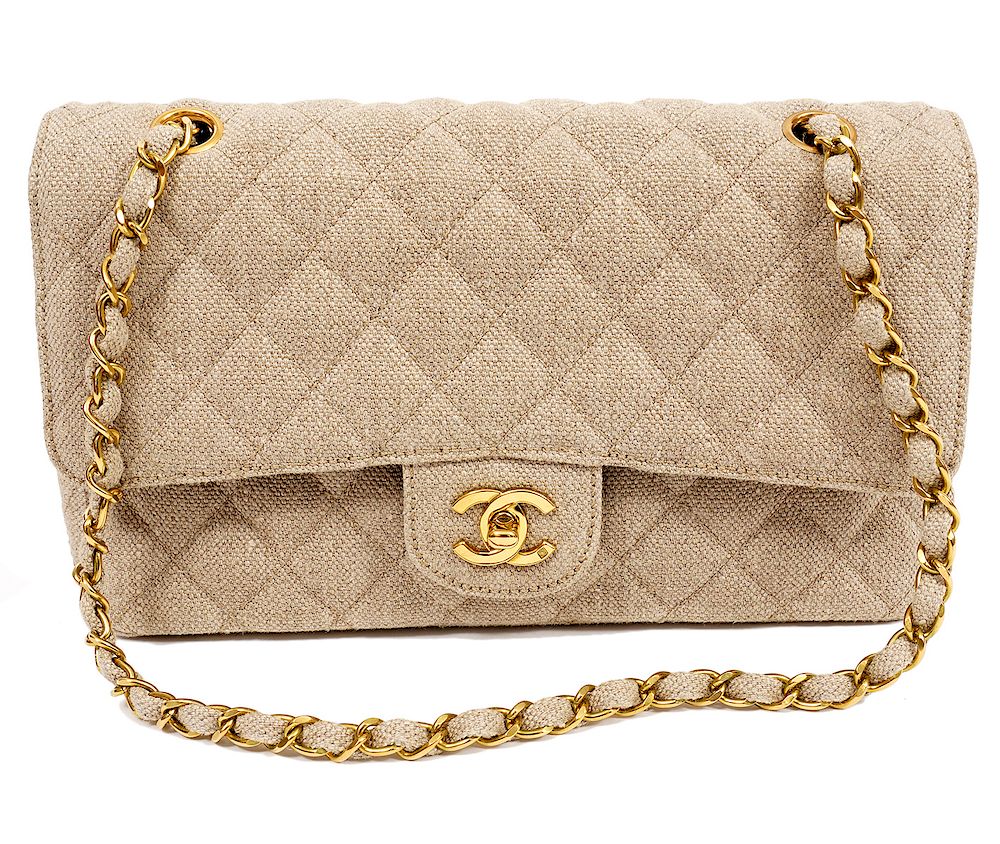 Appraisal: Chanel Medium Double Flap Linen Shoulder Bag Chanel Beige Linen