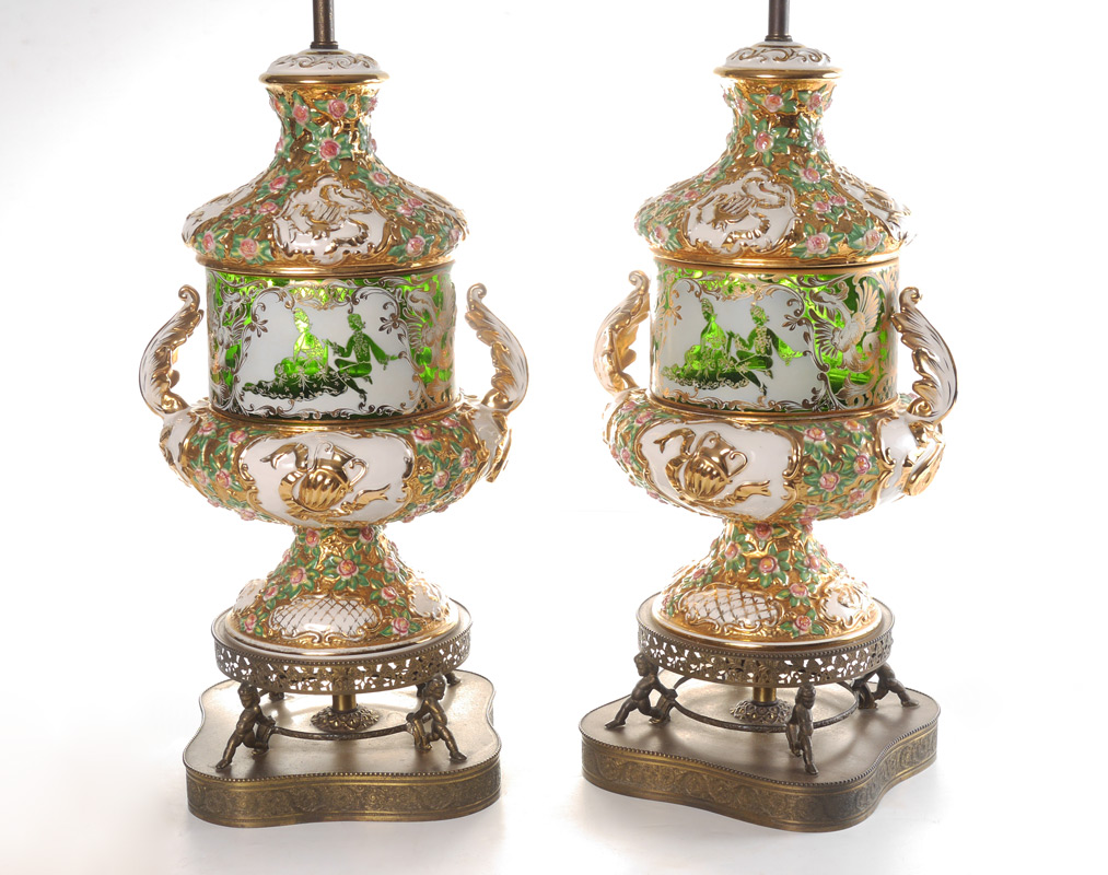 Appraisal: PAIR CAPODIMONTE TABLE LAMPS Most unusual with enameled glass center