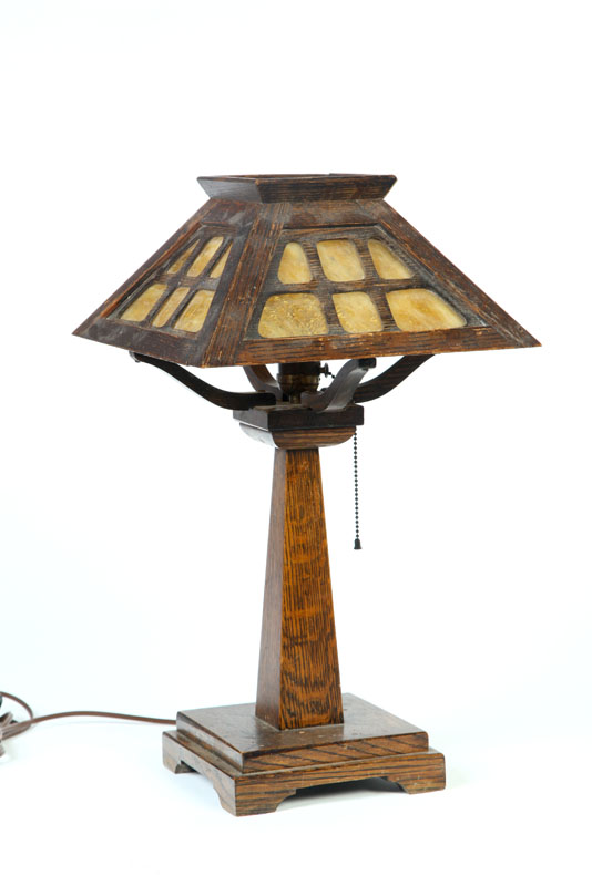 Appraisal: ARTS CRAFTS TABLE LAMP American early th century oak Stepped