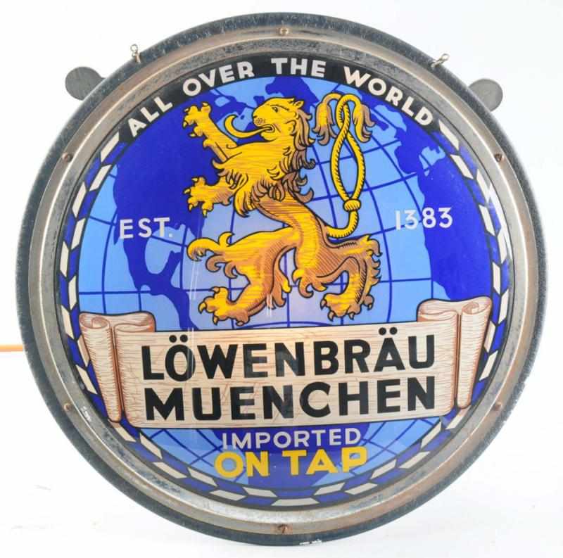 Appraisal: Lowenbrau Muenchen Beer Reverse Glass Light Gillco Original metal stand