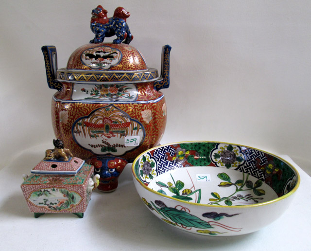 Appraisal: TWO JAPANESE INCENSE BURNERS AND BOWL the large incense burner