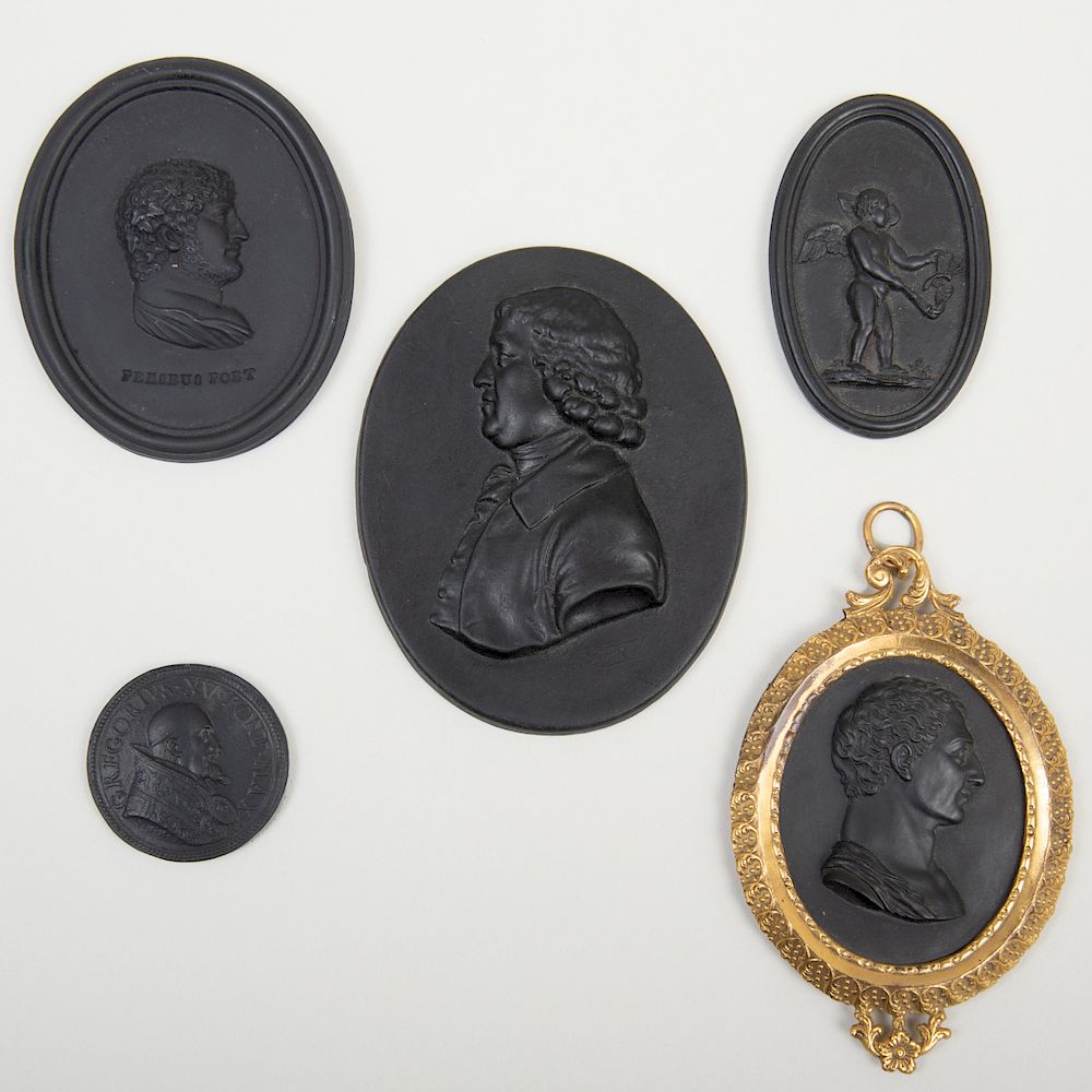 Appraisal: Five Wedgwood Black Basalt Small Medallions Three with impressed lowercase