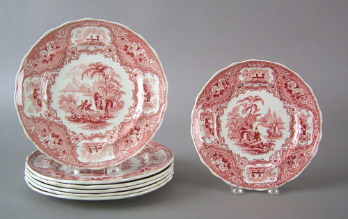 Appraisal: Six red Staffordshire plates in the Columbus pattern dia together