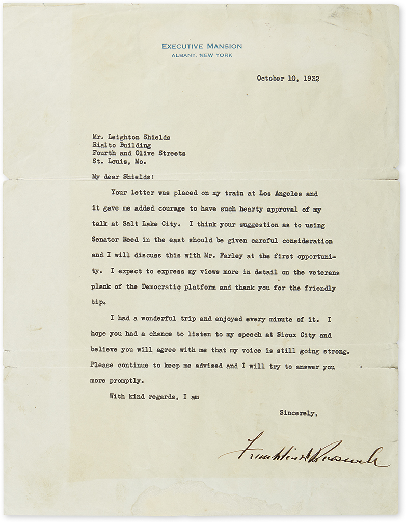 Appraisal: FDR WRITES DURING PRESIDENTIAL CAMPAIGN MY VOICE IS STILL GOING