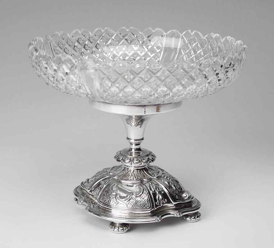 Appraisal: ELKINGTON SILVERPLATE AND CUT GLASS COMPOTE Embossed Elkington Co silverplate