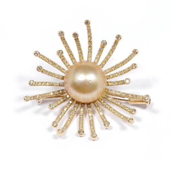 Appraisal: PEARL AND DIAMOND BROOCH ca Yellow gold Elegant brooch designed