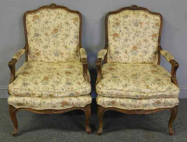 Appraisal: Pair of French Upholstered Open Arm Chairs From a New