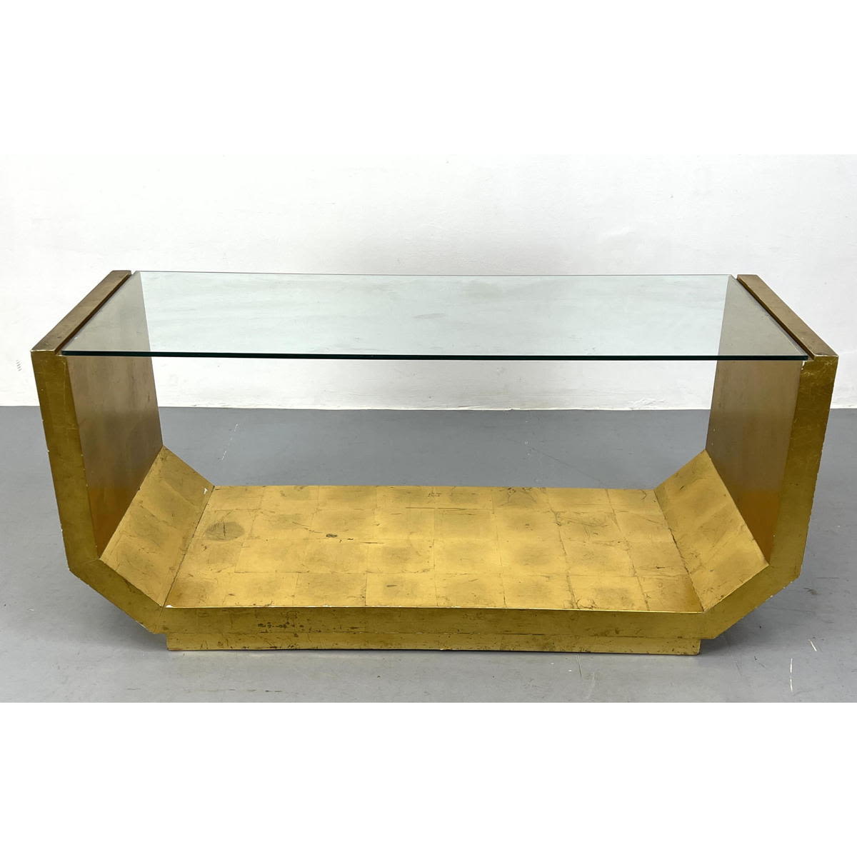 Appraisal: s American gold leaf consoles 's glass top Glass will