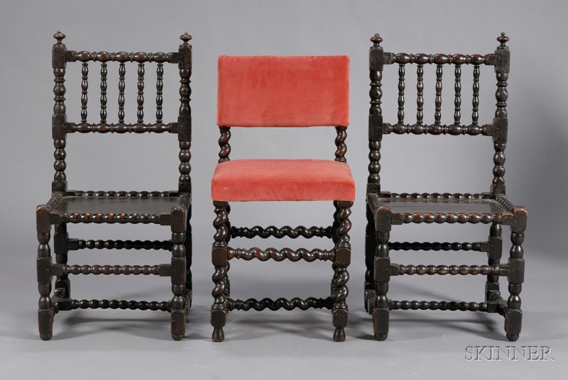 Appraisal: Pair of Continental Baroque Bobbin-turned Oak Side Chairs and Another