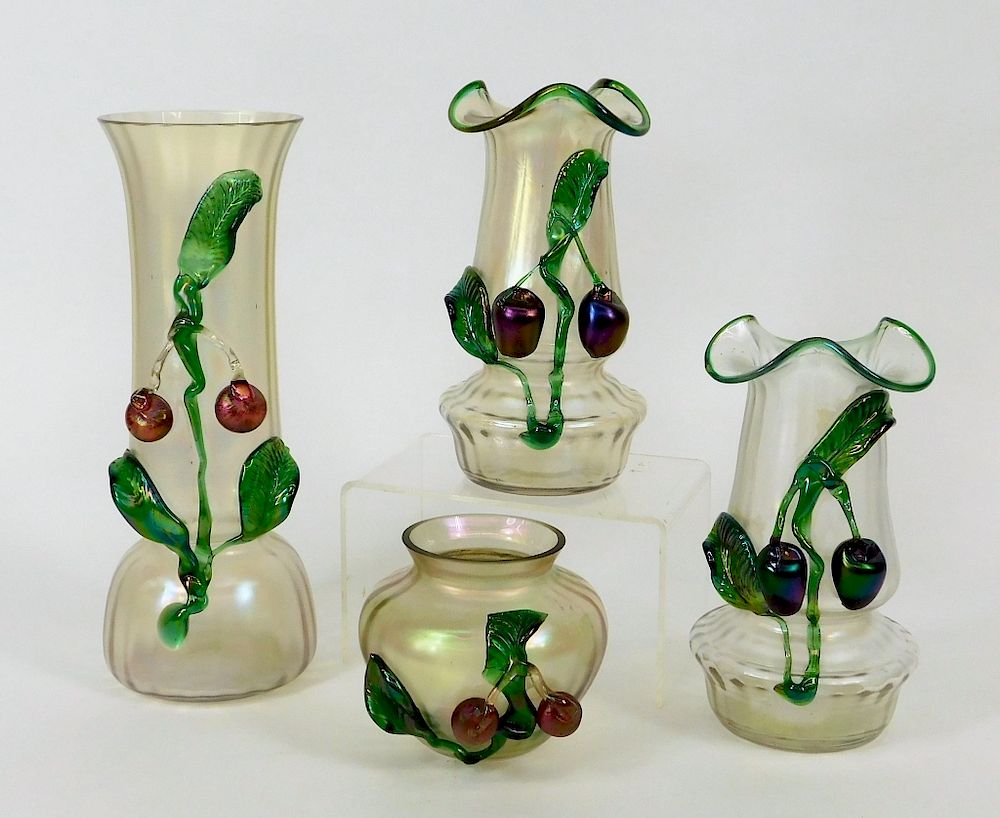 Appraisal: PC Kralik Applied Fruits Bohemian Art Glass Vases Bohemia th