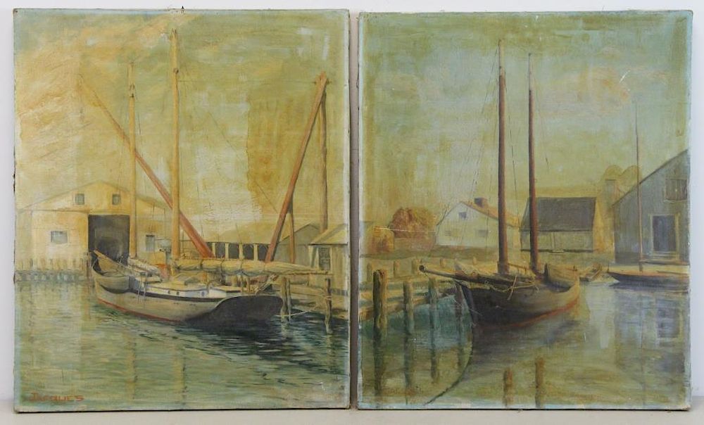 Appraisal: JACQUES Pair of Oils on Canvas Harbor Scenes Scenes Both